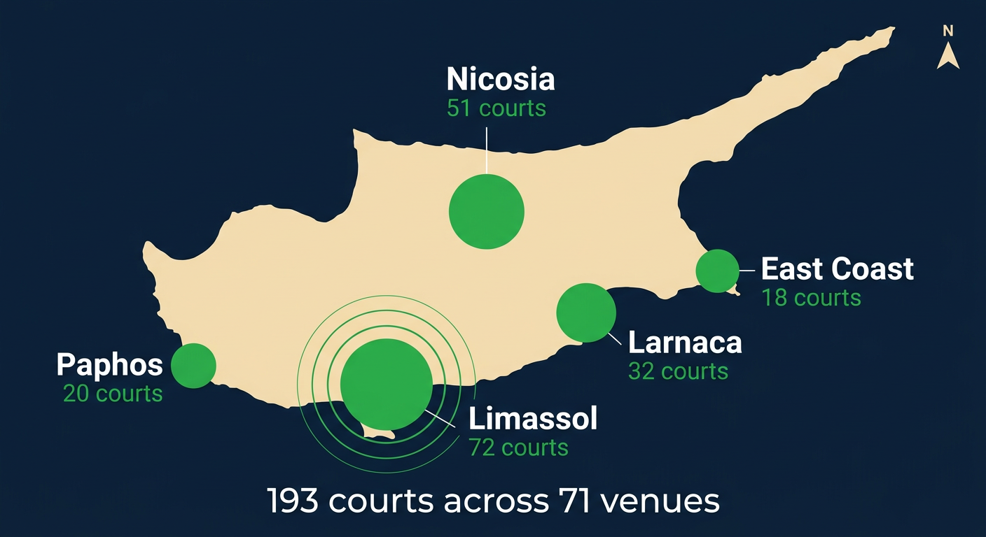 Map of Cyprus showing padel court distribution: Limassol 86, Nicosia 54, Larnaca 38, Paphos 26, East Coast 24